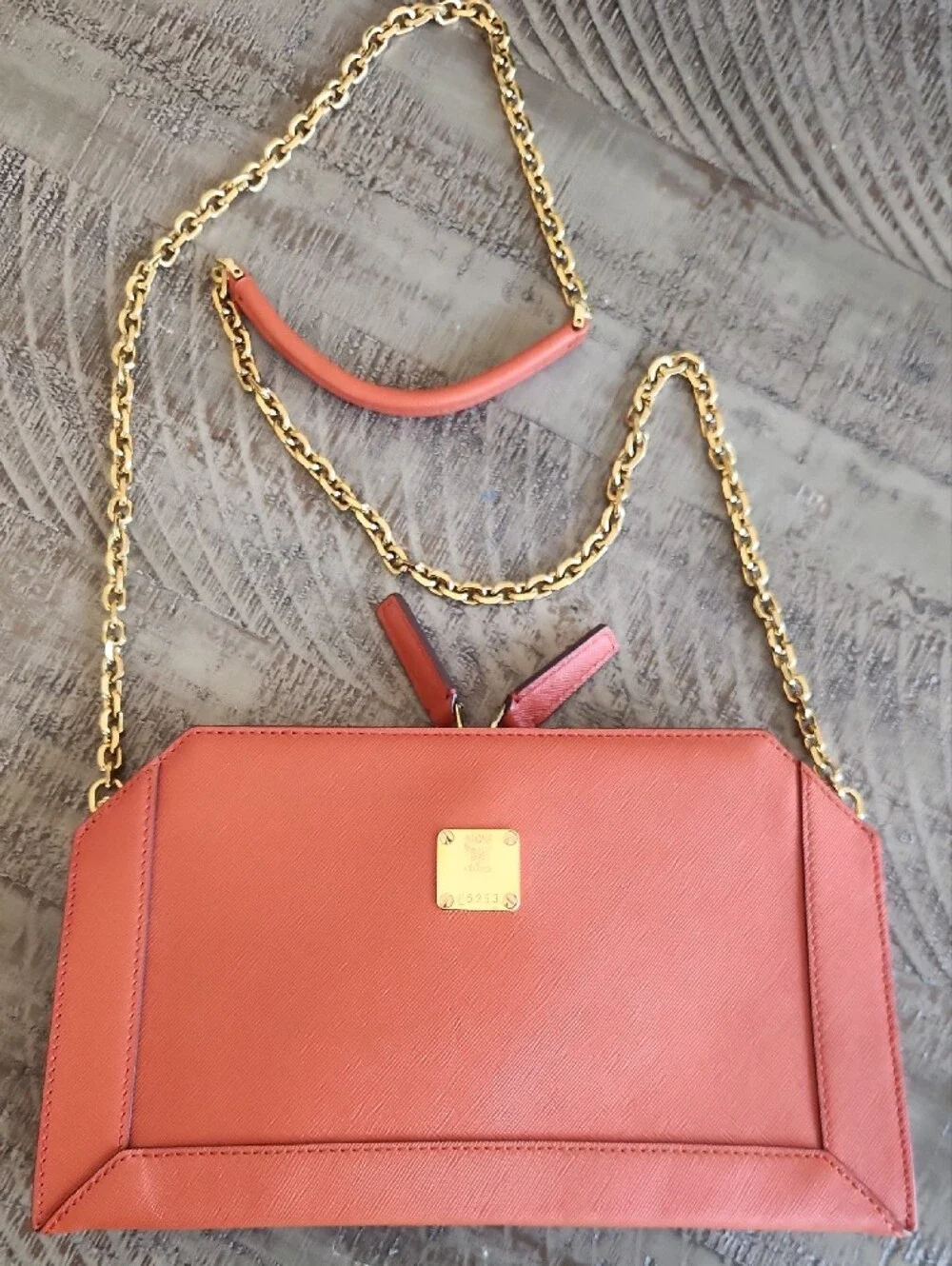 MCM Orange Saffiano Leather Satchel with Gold Chain Accent-FALL!